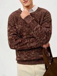 RONVEXI Men's Solid Color Minimalist Crew Neck Long Sleeve Sweater, Casual Everyday Wear - Coffee Brown - View 2
