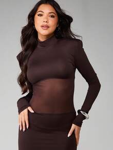 MISSGUIDED Women's Mesh Panel High Neck Long Sleeve Bodycon Maxi Evening Dress With Sheer Waist Detail