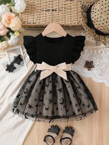SHEIN Gaun A-line Peri Musim Panas Hitam untuk Bayi Perempuan dengan Lengan Bergelombang dan Sabuk yang Serasi, Siluet Klasik untuk Acara Jalan-jalan, Pemotretan, dan Item Fashion. - MultiWarna - View 3