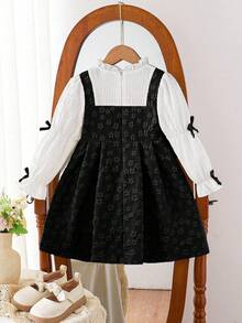 SHEIN Young Girl' Floral Textured Pastoral Style Puff Sleeve Bow Decor Yellow Dress, Autumn - Black and White - View 2