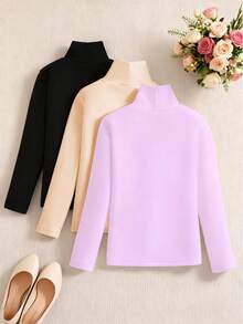 SHEIN Sparklyn Bộ 3 áo thun dài tay cổ lọ in hình mèo thoải mái cho bé gái tuổi teen - Nhiều màu - Xem 2