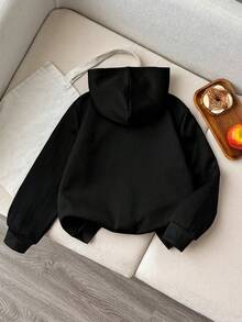 SHEIN 少女休闲舒适简约针织连帽长袖衫，适合外出、上学、日常聚会、秋冬季穿着。 - 黑色 - 查看 2