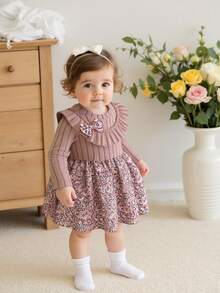 Souflis Souflis Infant/Baby Girl Knitted Round Neck Floral Ruffle Hem Dress, Lotus Root Pink