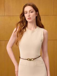 MOTF Classy 1件女士棕色编织绳金属结形扣环装饰腰带，简约优雅，适合搭配连衣裙、牛仔裤、外套，百搭配饰 - 棕色 - 查看 2