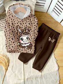 SHEIN Playful Pals 两件套少女时尚可爱卡通豹纹兔印花休闲保暖舒适套装，包括连帽卫衣和运动裤。 - 彩色 - 查看 3