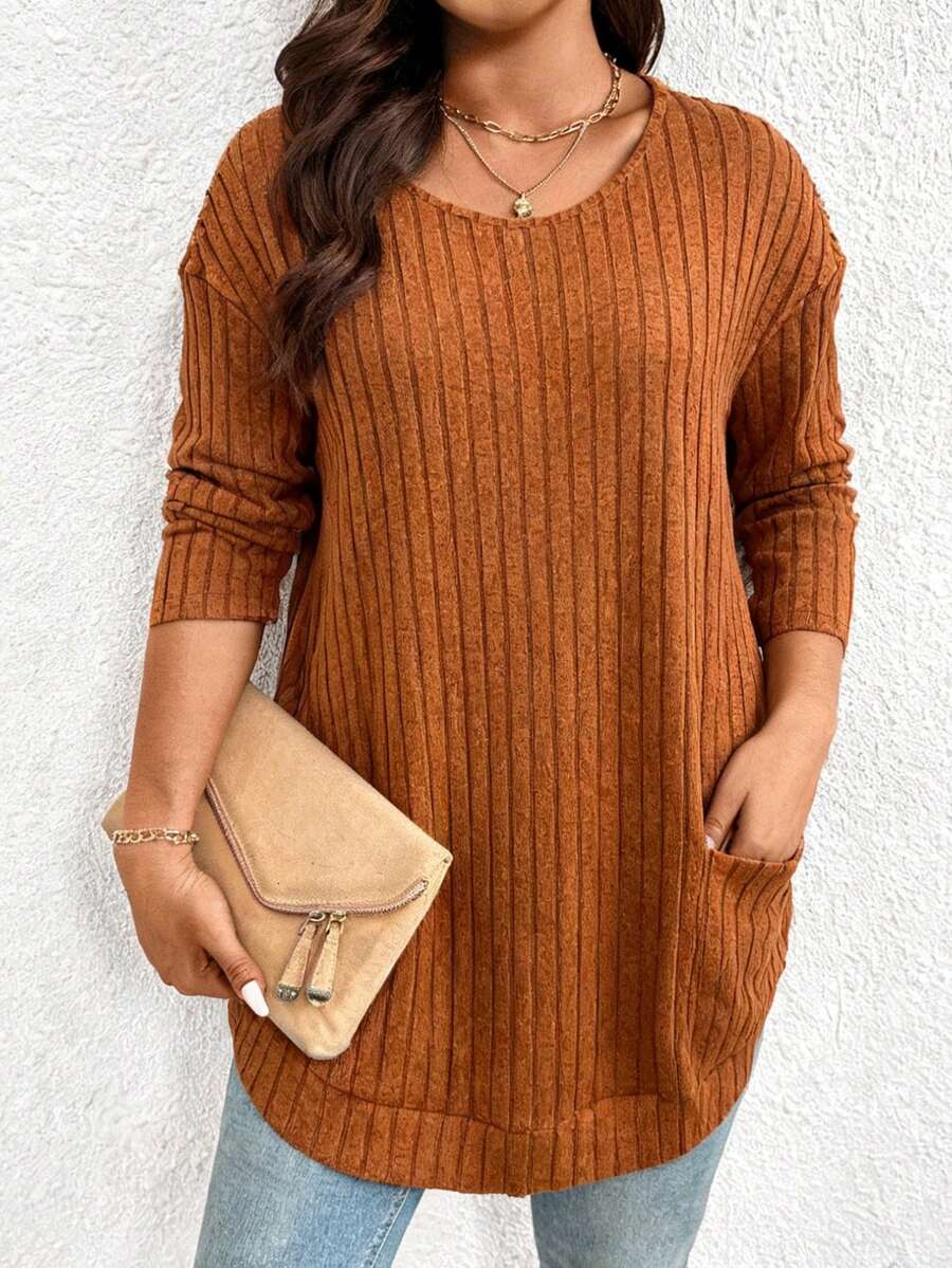 大码女式罗纹磨毛长袖T恤，适合秋冬季日常穿着 - 橘色 - 查看 1