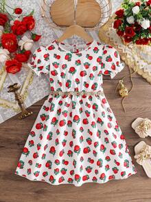 1pc Girls Rose Print Puff Sleeve Dress, Waist Ruffle Decor, New Style, Girls Dress, Suitable For Daily Wear