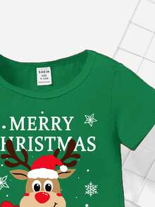 SHEIN Top à manches courtes pour bébé garçon, style mode minimaliste classique pour Noël, chaud et confortable, avec motifs d'arbre de Noël, de dessin animé et de renne mignon. Convient pour l'été.