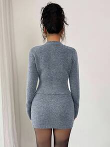 Elenzga 两件套深灰色收腰修身针织连衣裙，女士款，显瘦显瘦，秋冬季 - 灰色 - 查看 2