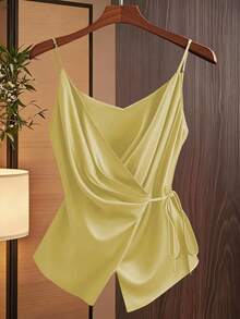 GlowEve 女士时尚休闲V领褶皱裹身系带蝴蝶结无袖上衣，A字下摆 - 淡黃色 - 查看 1