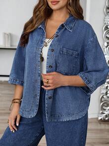EMERY ROSE EMERY ROSE Blusa de mezclilla de solapa única para mujer de talla grande - Azul lavado oscuro - Ver 6
