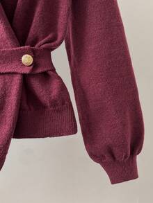 Franclia 女士时尚冬季优雅酒红色纯色高领落肩长袖宽松带腰带金属扣装饰腰部设计不对称下摆灯笼袖针织套头毛衣 - 紅色 - 查看 6