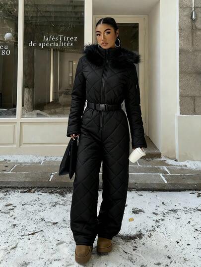 SHEIN EZwear Vit luddig mössa och tjock jumpsuit för kvinnor, lämplig för lek i snö på hösten/vintern