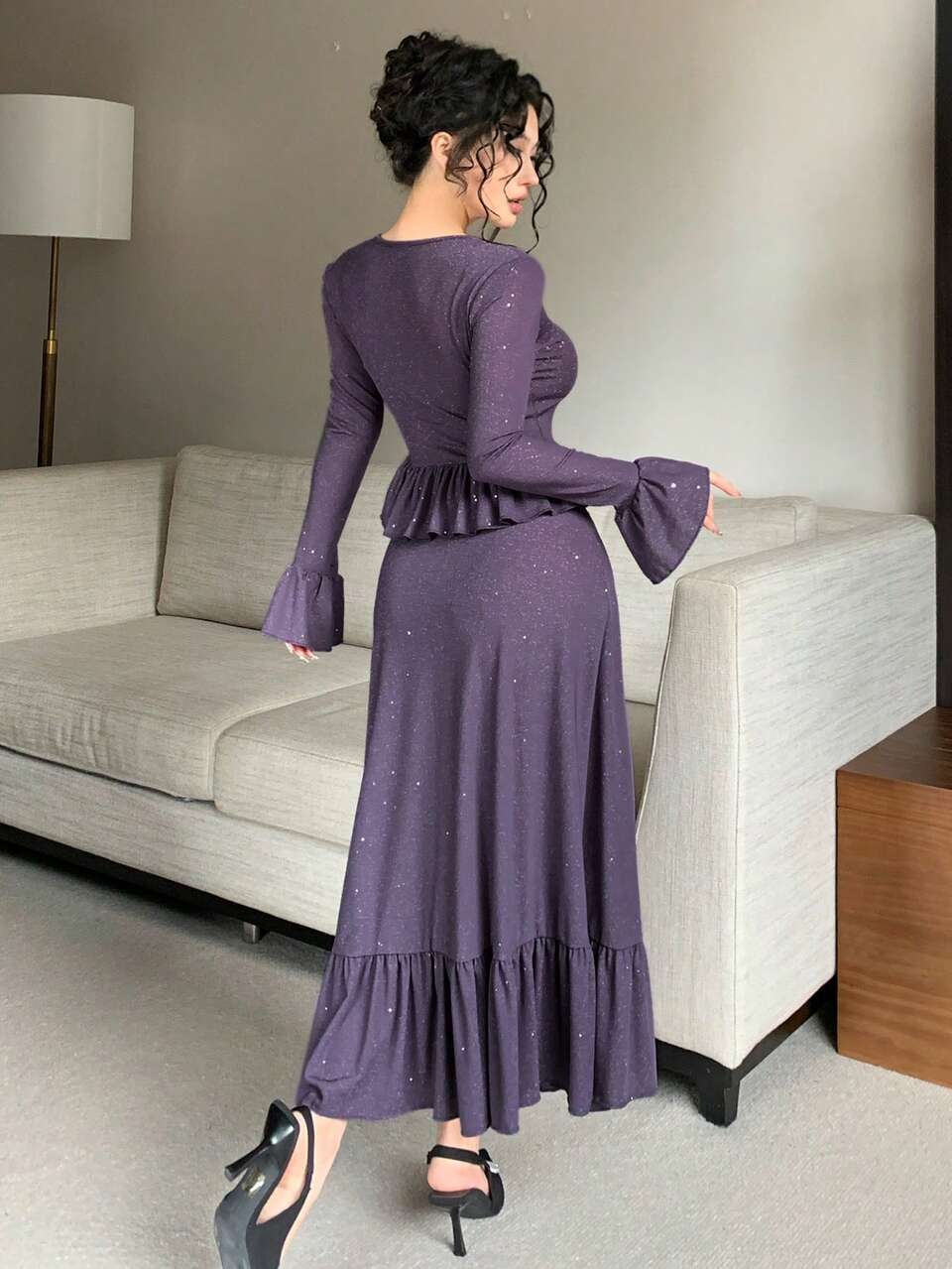 Women's Elegant Party Glitter Flare Sleeve Top And Skirt 2 Pieces Set