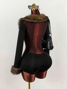 Amplova 女士网眼拼接透视紧身衣，性感毛茸茸拼接长袖，适合日常穿着，约会，新年，纯色拼接皮草时尚服装，秋冬 - 黑色 - 查看 8