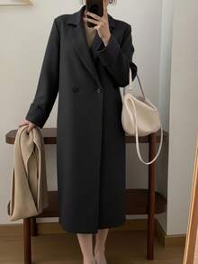 Women Folded Long Sleeve Maxi Long Casual Overcoat - Black - View 1