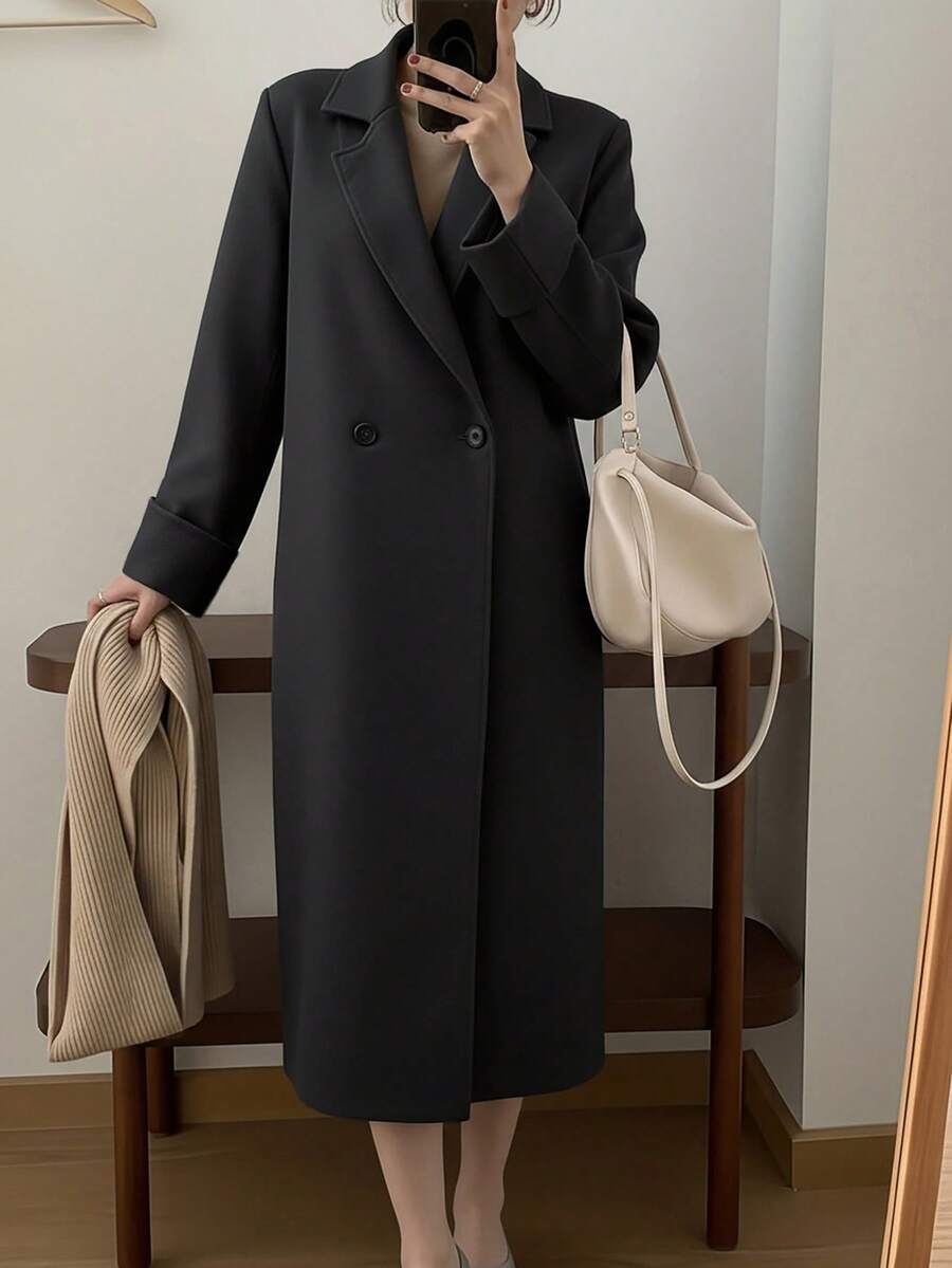 Women Folded Long Sleeve Maxi Long Casual Overcoat - Black - View 1