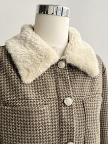 Sweetra Women's Halloween Costume New Style, Suitable For New Year Party, Commute, Daily, Travel, Vacation, Brown Jacket With Lapel, Shearling Patchwork, Houndstooth Short Jacket, Spring, Autumn, Winter