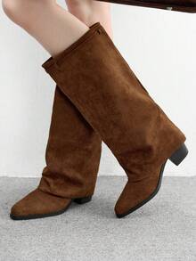CUCCOO BIZCHIC 女士咖啡色绒面革方头粗跟高筒靴，休闲通勤高筒过膝靴，适合秋冬季穿着 - 咖啡棕 - 查看 5
