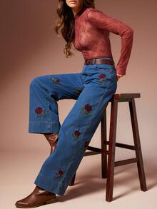 WESTFADE Rose Embroidered Mid Rise Wide Leg Cotton Blend Denim Jeans Fall, Autumn, Winter, Holiday, Christmas, New Years Eve, NYE, Cowgirl, Nashville Cowgirl, Boho, Casual, Cute, Western Wear - Medium Wash - View 2