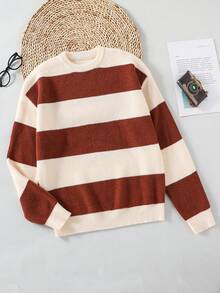 Men's Crew Neck Long Sleeve Striped Contrast Color All-Match Casual Pullover Sweater, Apricot Color, Suitable For Daily, School, And Leisure Wear 14 Year Old Clothes Boy Sweater Kid 8 Years Old Boy Knitwear Sweaters Teen Boys