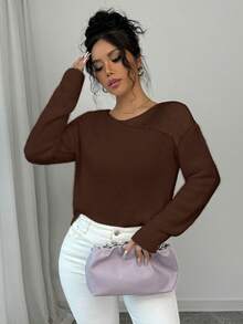 Rafferiza Suéter casual holgado de mujer de cuello redondo, manga larga y hombros caídos, de unicolor, para otoño/invierno - Café integral - Ver 6