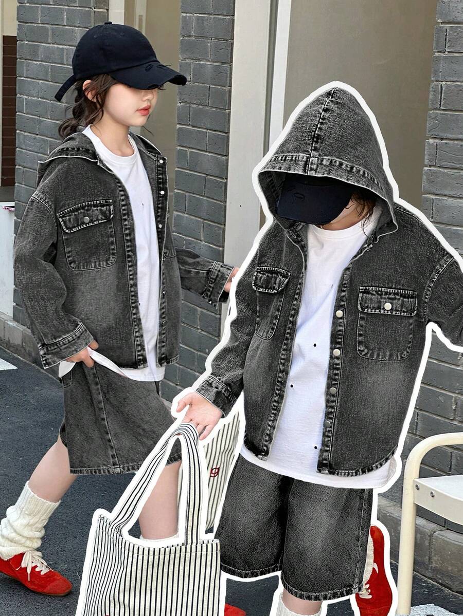 Genkimix Kids Denimly Tween Girls 学院风休闲日常都市街头牛仔连帽开衫，宽松舒适百搭休闲简约百搭