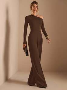 SHEIN BAE 春夏纯黑色优雅日常穿搭不对称肩长袖金属扣装饰超阔腿连体裤，适合日常约会、外出、派对等场合，优雅女士叠穿，不对称连体裤，阔腿连体裤，情人节连体裤，日常连体裤，优雅连体裤 - 棕色 - 查看 6