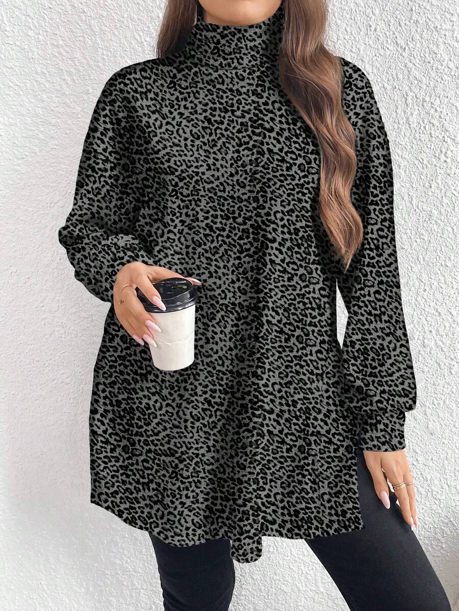 EMERY ROSE Plus Size Casual Minimalist Turtleneck Long T-Shirt, Spring/Autumn/Winter Fall - Multicolor - View 1