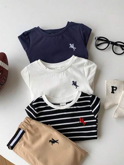 SHEIN 3pcs/Set Solid & Striped Long Sleeve T-Shirt Knit Top Set, Comfortable Casual Chic Daily Wear, Suitable For Indoors, Outdoor, Daily, Sports, Party, Photo Shoot, Festival, Streetwear, Back To School, Christmas, New Year, Toddler Boys/Girls Fall & Winter Clothes Baby Boy Outfits Tshirt Striped Baby Boy Set