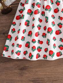 1pc Girls Rose Print Puff Sleeve Dress, Waist Ruffle Decor, New Style, Girls Dress, Suitable For Daily Wear