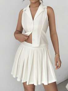 Chiquease Top fără mâneci și fustă plisată pentru femei, culoare uni, cu nasturi în față, 2 buc ținută casual de vacanță de vară - alb - Vizualizare 4