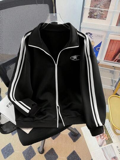 SHEIN LUNE Veste zippée noire pour femmes grandes tailles, pour l'automne et l'hiver. Vêtement décontracté et sportif pour la saison automnale et hivernale