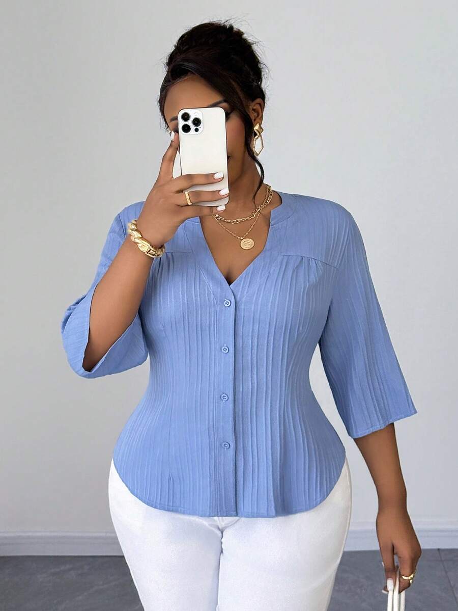 Maweii 大码女式纯色通勤简约V领短袖优雅开衫休闲衬衫 - 藍色 - 查看 1