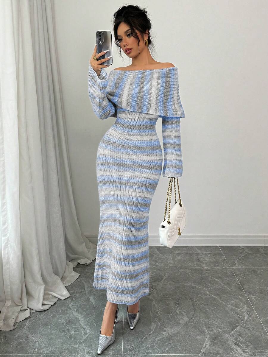 Elenzga Vestido de Tricô Bodycon Ombro de Fora para Mulheres - Multicolorido - Visão 1