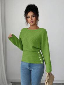 Selianne Women's New Autumn/Winter 1 Piece Design Batwing Sleeve High-End Buttoned Minimalist Everyday Knit Long Sleeve Top - Green - View 4