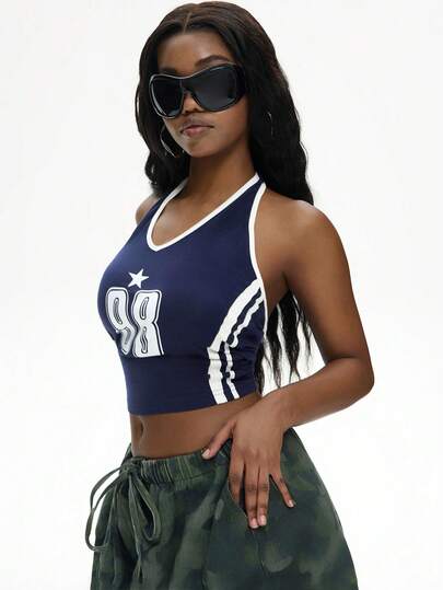 SHEIN EZwear Camiseta De Tirantes Sin Mangas Tejida De Punto Con Cuello Halter Y Estampado Digital Para Mujer Para El Verano