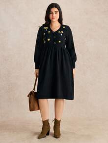 Nubod Vestido de suéter de talla grande de unicolor con bordado floral elegante, romántico y casual de moda para otoño/invierno