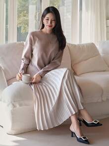DAZY Women's Casual Solid Color Side Slit Long Sweater, Autumn - Pink - View 5