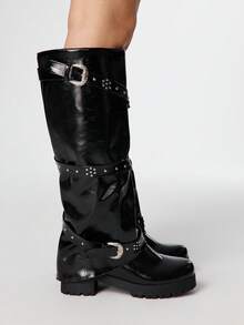 ROMWE 女士亮面搭扣设计时尚粗跟过膝长靴 - 黑色 - 查看 4
