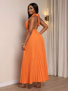 Xyvia 女士橙色交叉褶皱胸部设计A字喇叭连衣裙，露背挂脖系带设计，性感优雅，适合生日、约会、派对、鸡尾酒会、独立日、光棍节、返校季、万圣节、平安夜、感恩节等场合。 - 亮橙色 - 查看 2