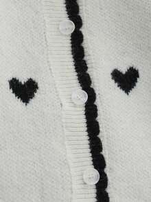 Baby Girls' Soft Knit Romper, Round Neck Long Sleeve Sweater Jumpsuit With Contrast Color Heart Pattern, Ruffled Cuff And Collar Decor, Comfortable For Autumn/Winter Indoor And Outdoor Wear Baby Fall Winter Romper Baby Sweater Jumpsuit Baby Knit Romper Button Front Baby Girl Heart Outfit Baby Knit Romper Heart Pattern - Black - View 4