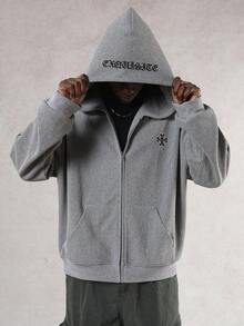 DAZY Thick Grey Gothic Letter Embroidered Hooded Sweatshirt Sweatshirt For Men, Autumn/Winter - Grey - View 7