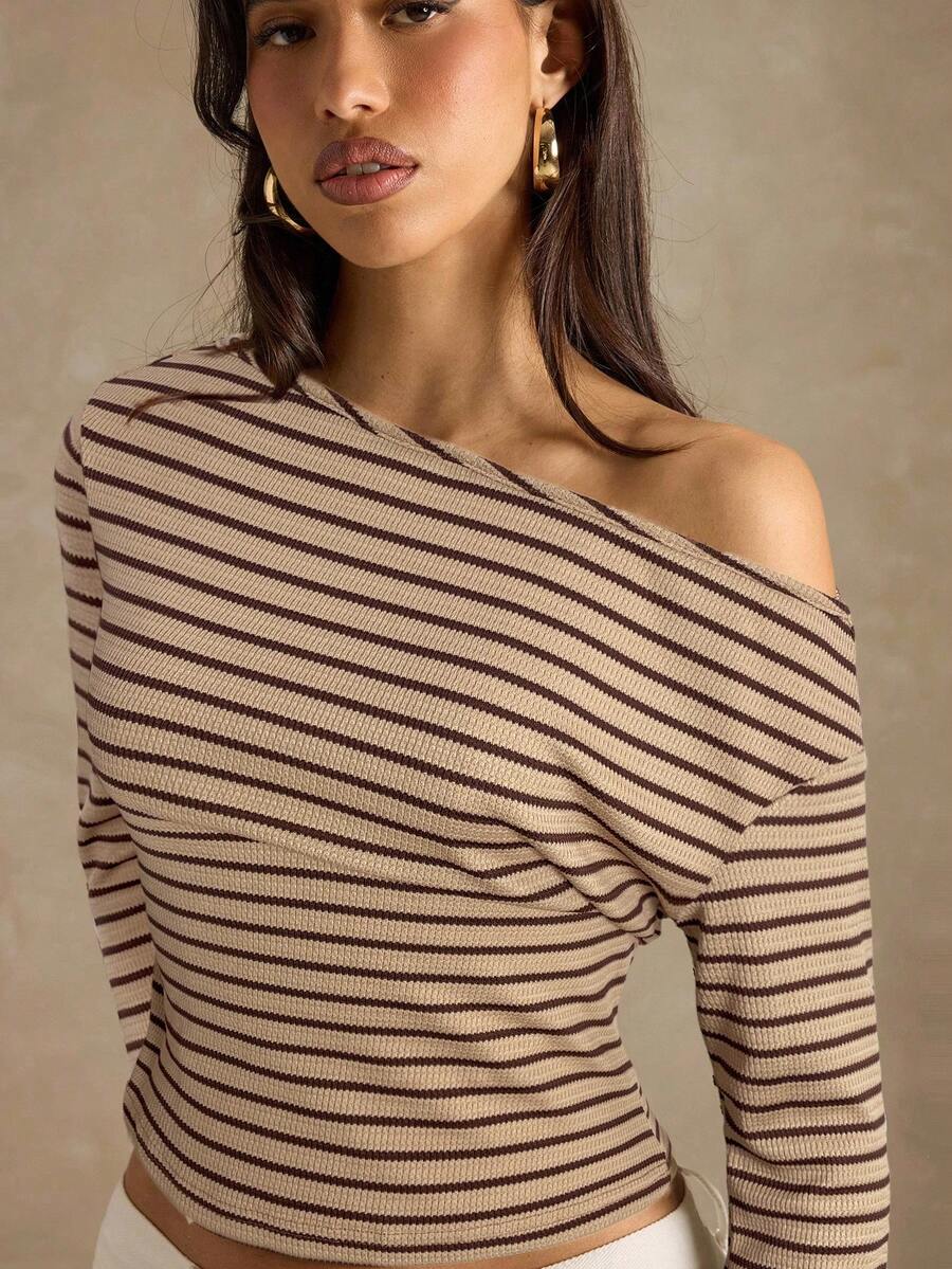 SHEIN BAE Áo thun nữ tay dài cổ lệch họa tiết sọc thời trang thanh lịch - Màu Khaki - Xem 1