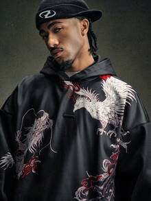 AXEPEAK Bộ áo hoodie và quần nỉ in hình rồng phượng thường ngày cho nam, Thu/Đông - màu đen - Xem 4