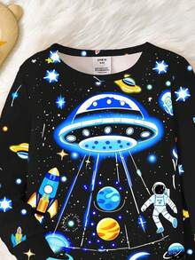 1 Set Boys Autumn Glow-In-The-Dark Astronaut Cartoon Print Snug Fit Crew Neck Long Sleeve Pajamas - Black - View 5