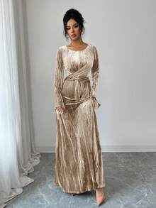 Elenzga 女士复古优雅圆领不对称喇叭袖咖啡色天鹅绒压花褶皱腰身中长连衣裙，适合约会、外出、办公穿着，秋冬季佳选。 - 杏色 - 查看 3