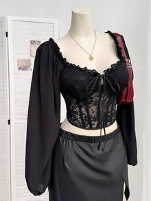 Comfortcana Plus Size Women Lantern Sleeve Lace Patchwork Square Collar Padded Blouse, Romantic For Dates And Parties, Autumn/Winter Black Babydoll Top