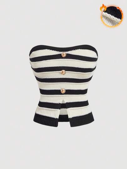 SHEIN MOD Women Black & White Striped Knit Top,Metal Button,Fall/Winter,Work,Business,Homecoming Tops,Brunch,Renaissance Fair,Formal Gown,Concert,Tea Party Tops,Going Out Top