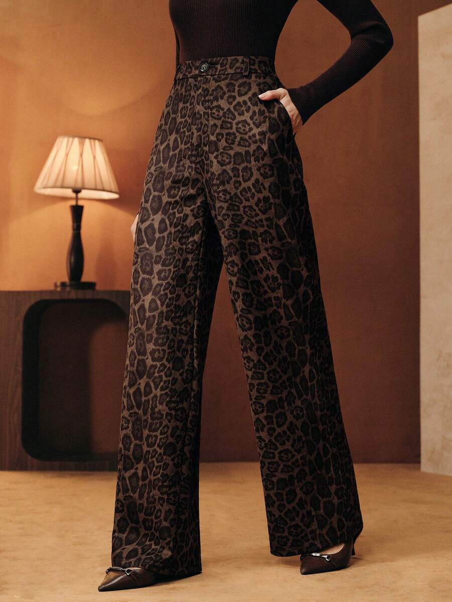 Anewsta Calça feminina de corte reto com estampa de leopardo, estilo outono/inverno, nova na moda. Versátil, ideal para todas as estações, desde outono e inverno até primavera, Ano Novo, festas e casamentos. Elegante, chique, estilosa, casual de negócios, confortável e perfeita para o Dia de Ação de Graças.